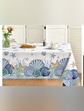 Coastal Seashell Rectangular Tablecloth in Blue and White 60x84